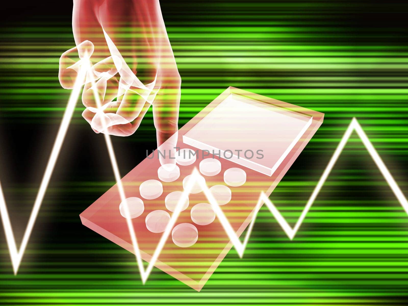 A computer created image of a mobile phone with a added xray effect.