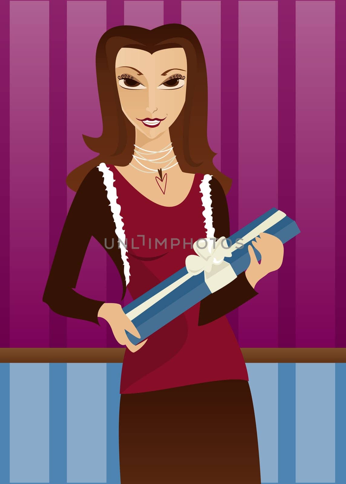 Woman holding present, christmas tree in background, portrait