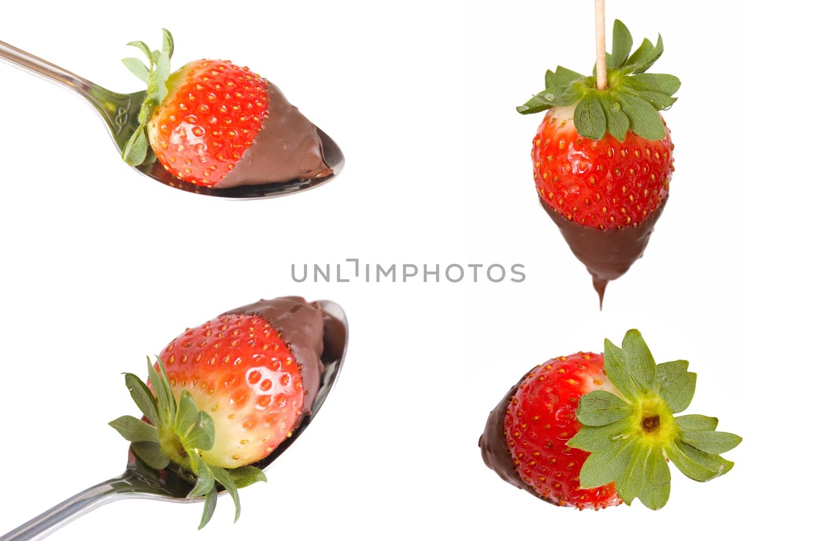 Four pictures off strawberries with chocolate put together