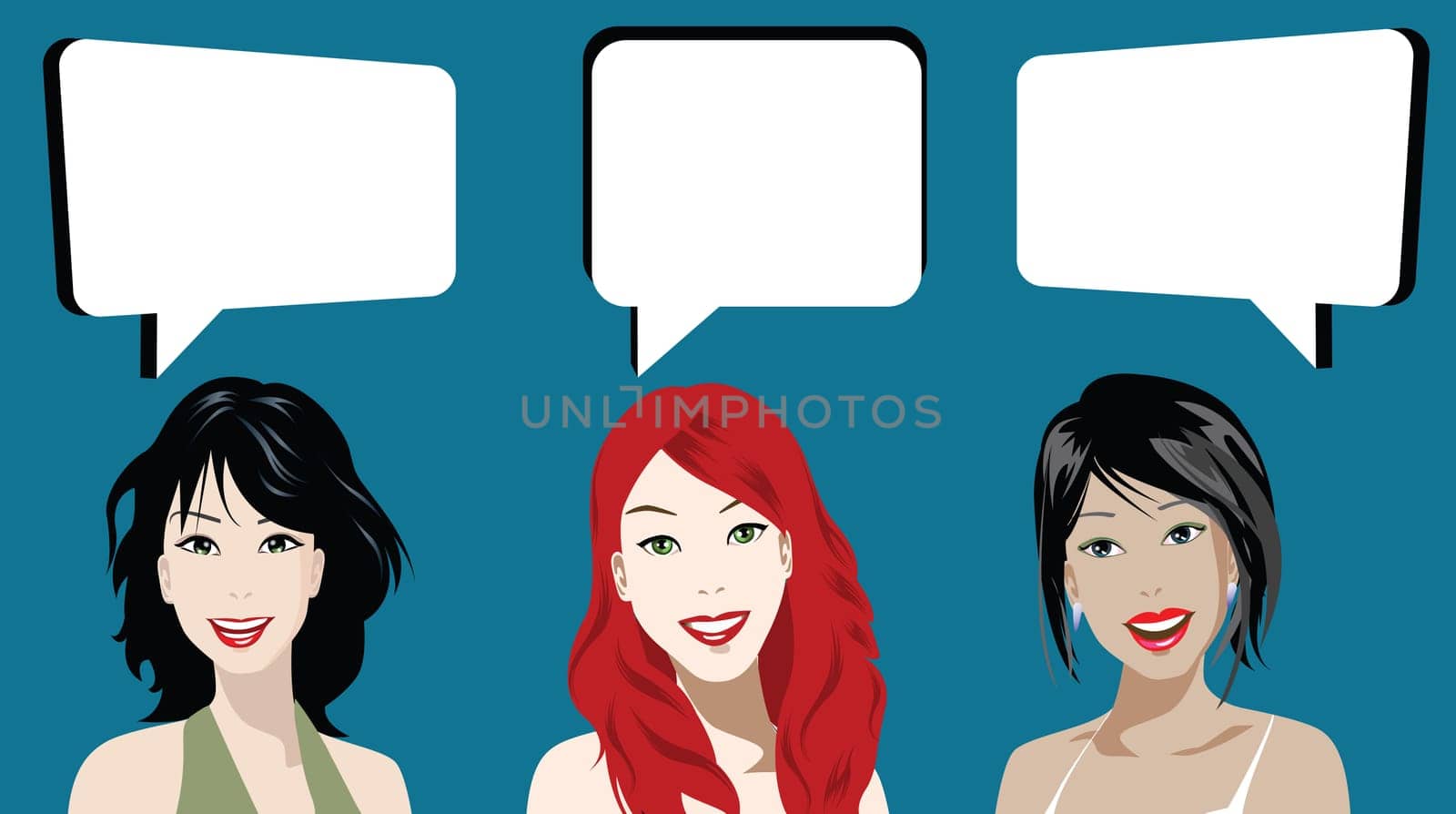 illustration of three women chatting over blue background