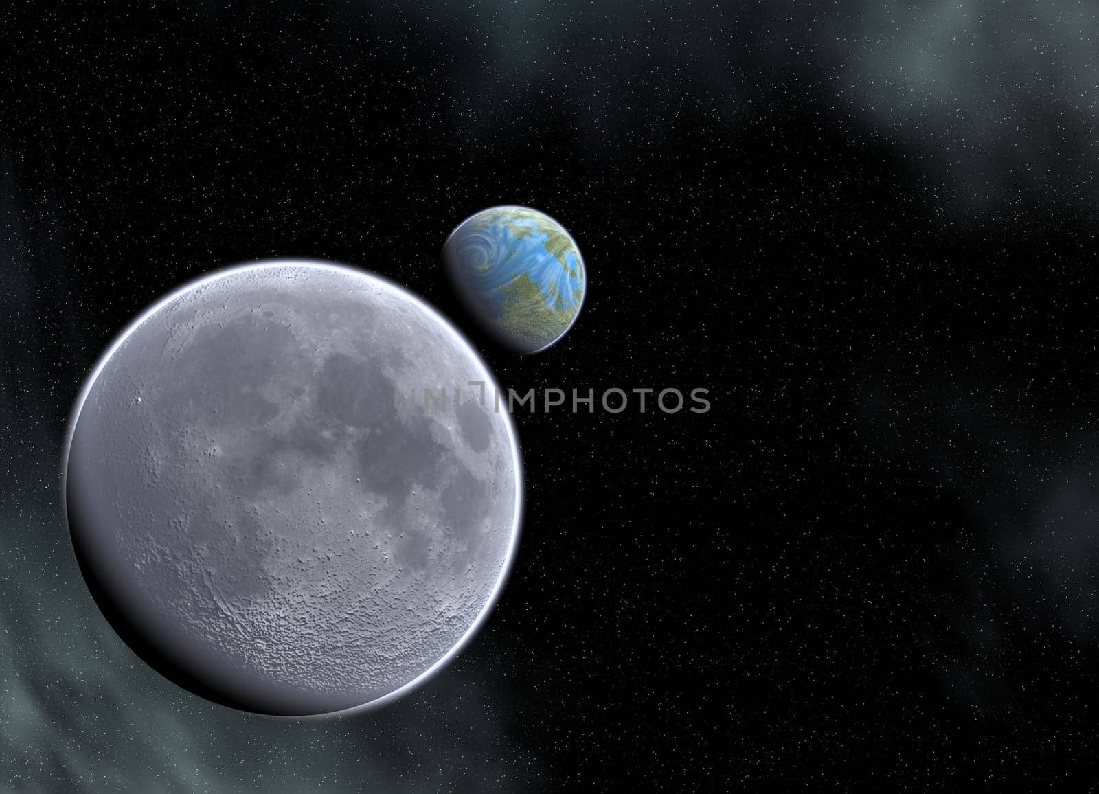 detailed moon and earth , nebula and stars