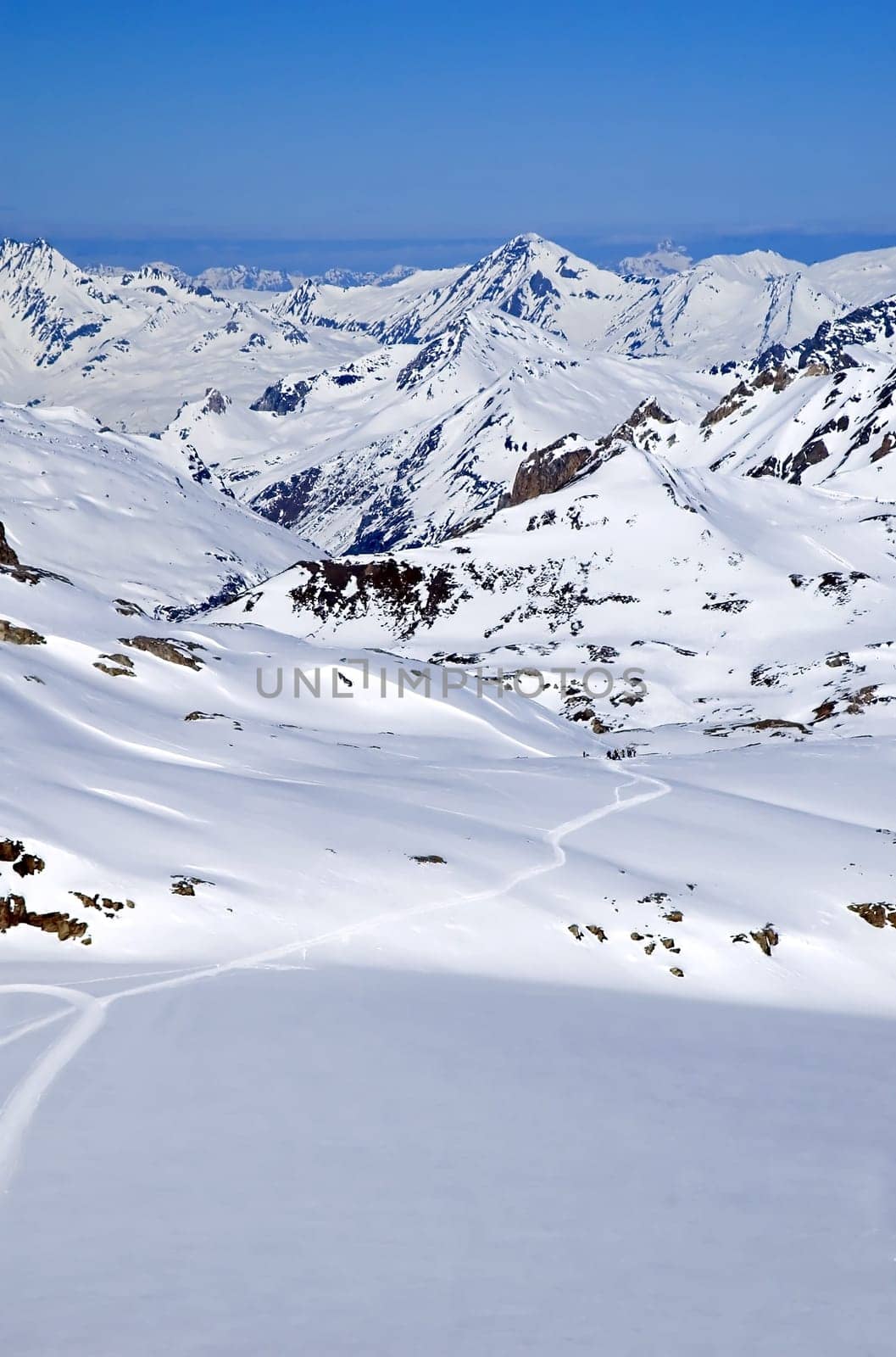 mountain landscape with visible trail at the bottom and copy-space