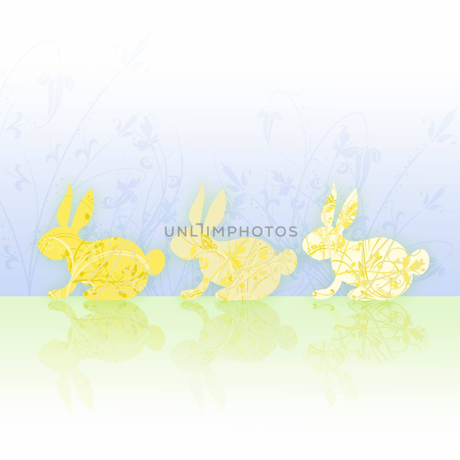 a series of three stylizated easter bunnies on a pastel reflection surface, with tender spring motifs
