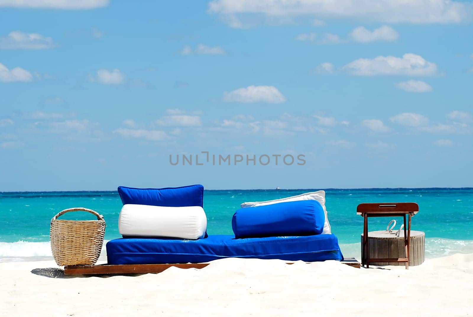 blue seat at white beach