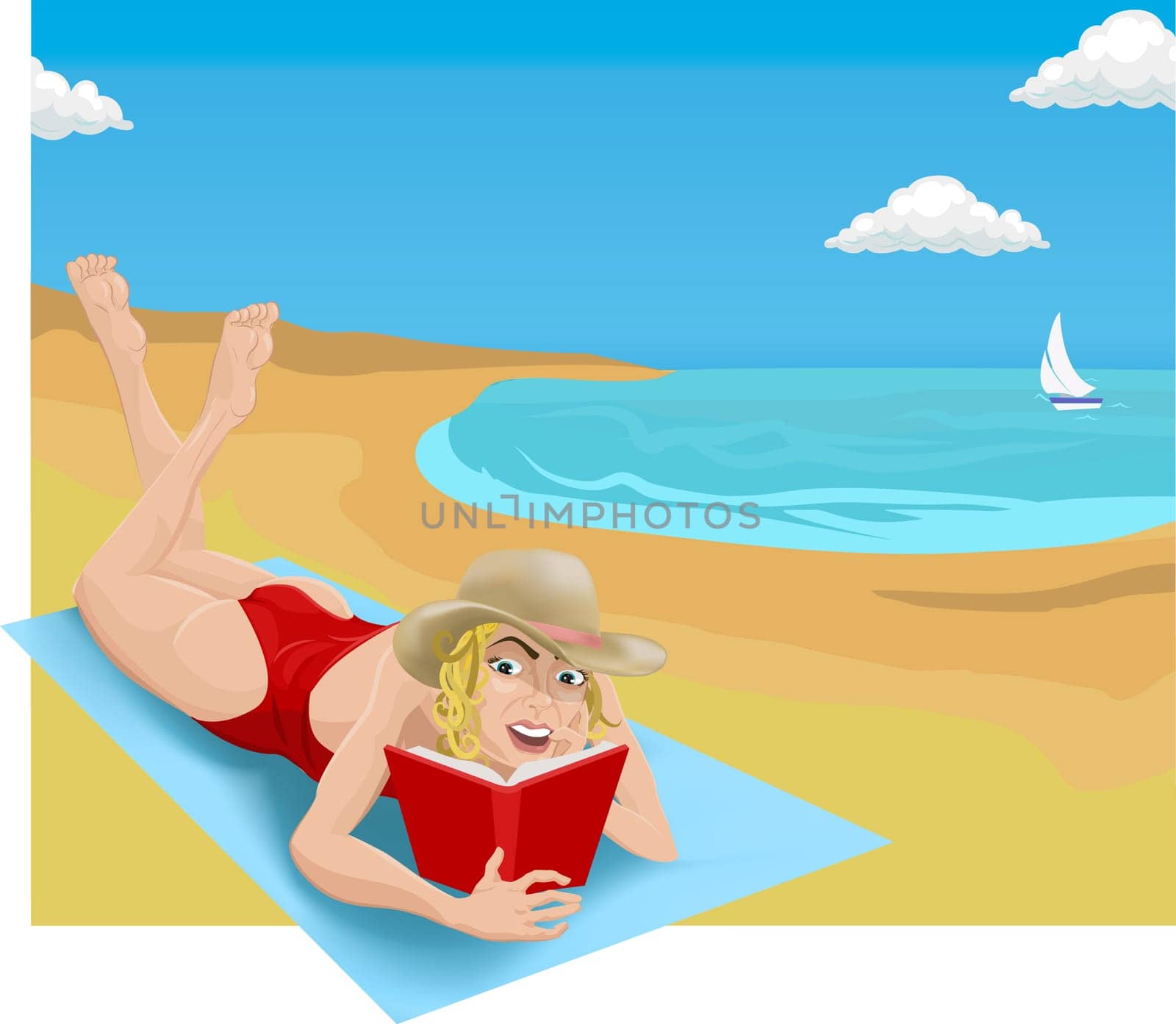 A woman sunbathing and reading on a beach.