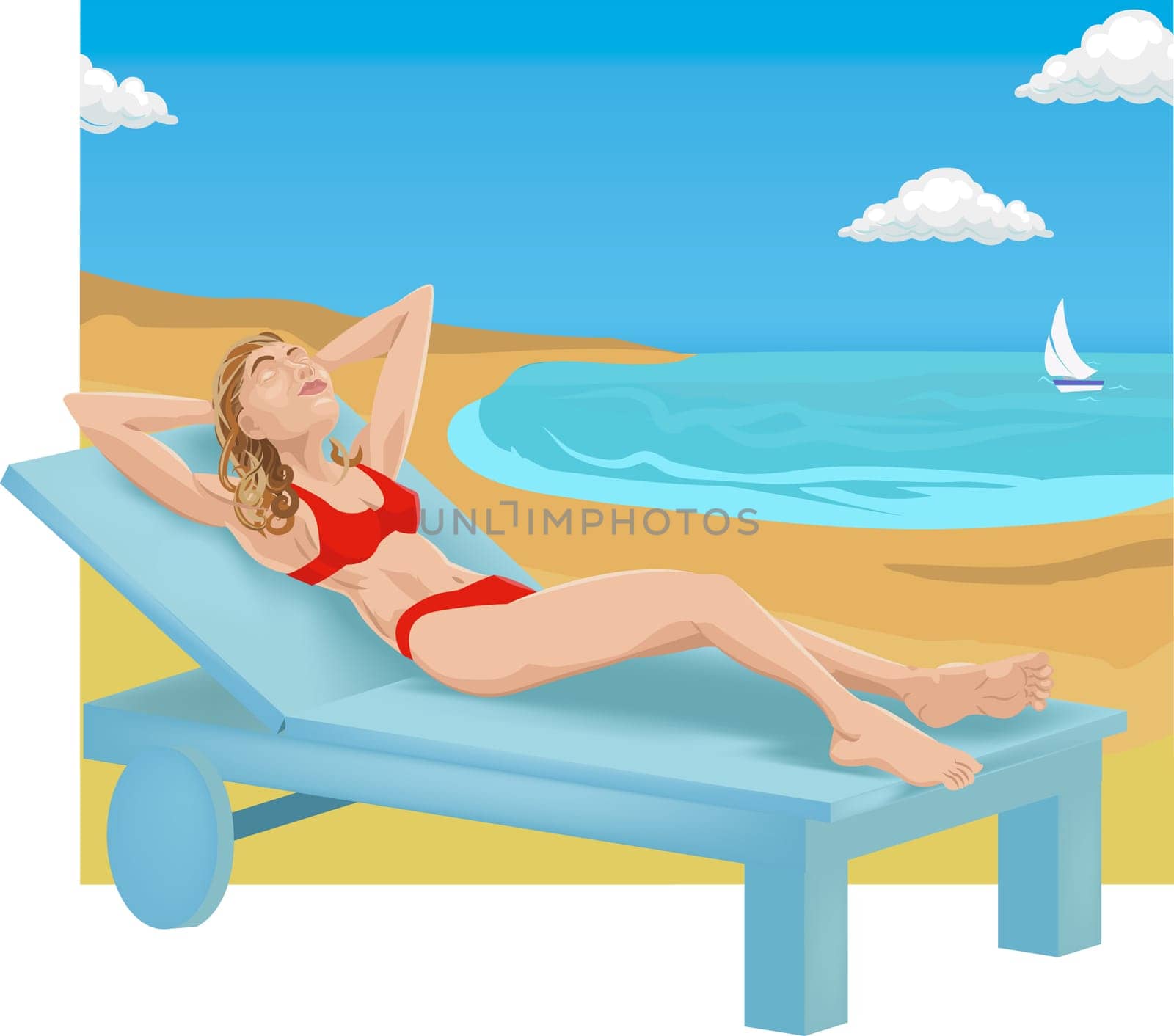 A woman sunbathing on a beach.