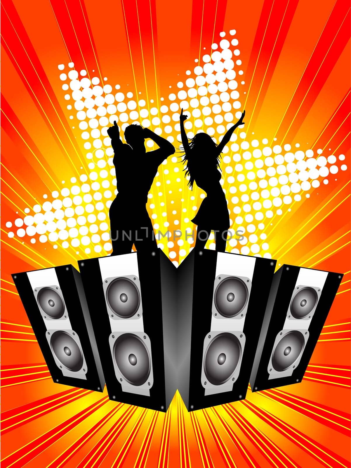 Silhouette of a dancing couple on a funky background