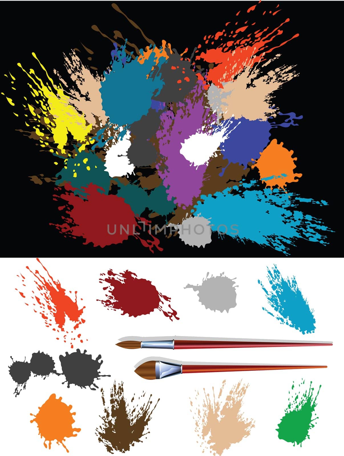 These are colorful vector splats silhouette and two brush