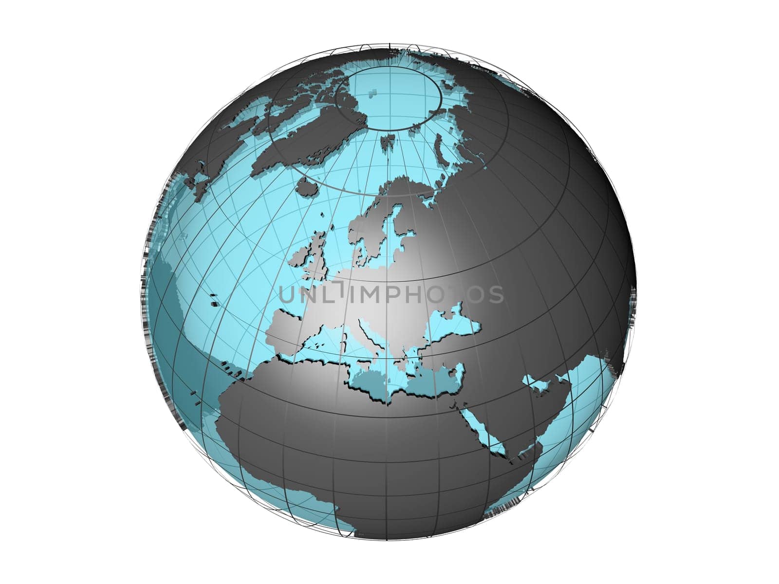 3D model of globe map showing European continent, with meridians and semi-transparent oceans, on white background with clipping path attached to jpg file