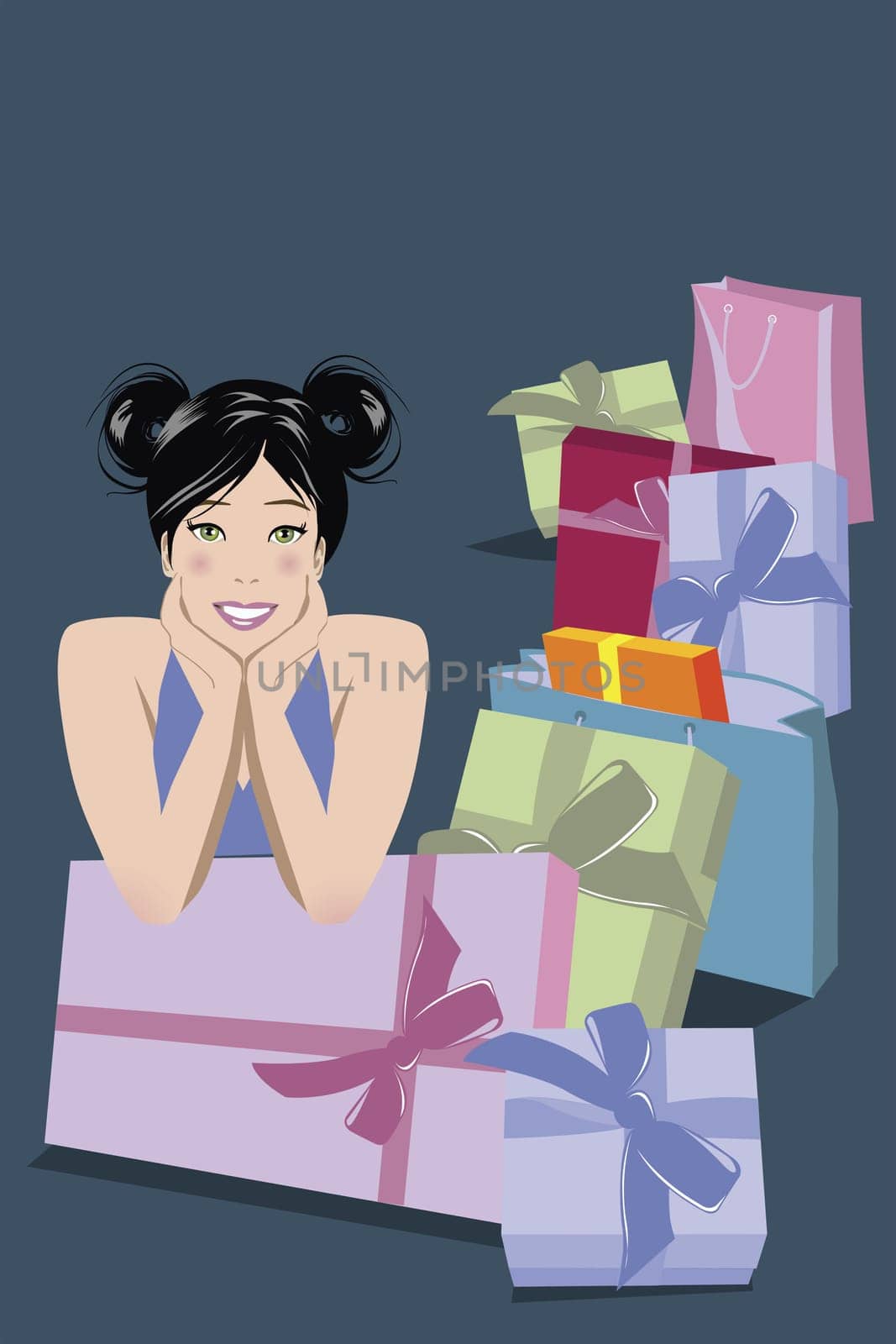 Illustration of woman with lots of gifts, boxes and flowers