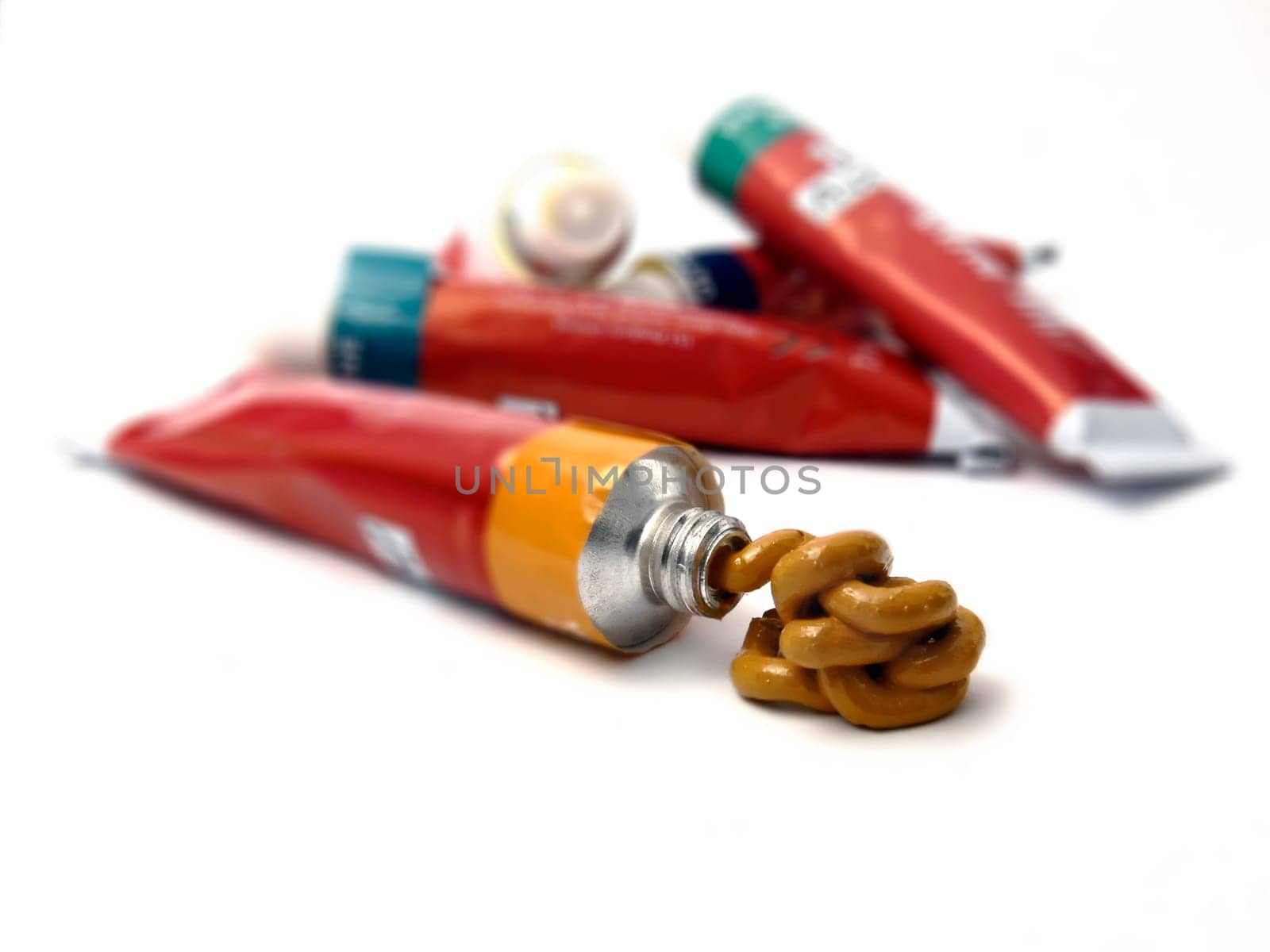 tubes of artists paint  on white ground  differential focus