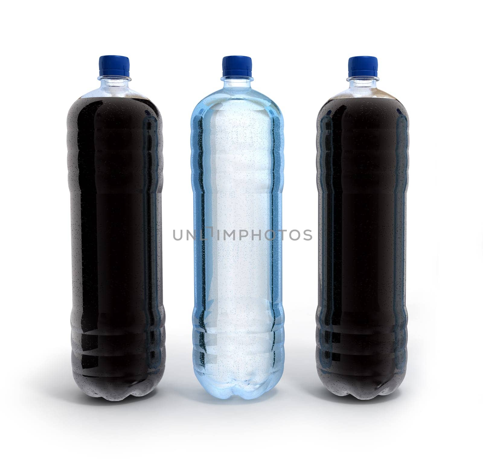Plastic bottles of water and cola over white background