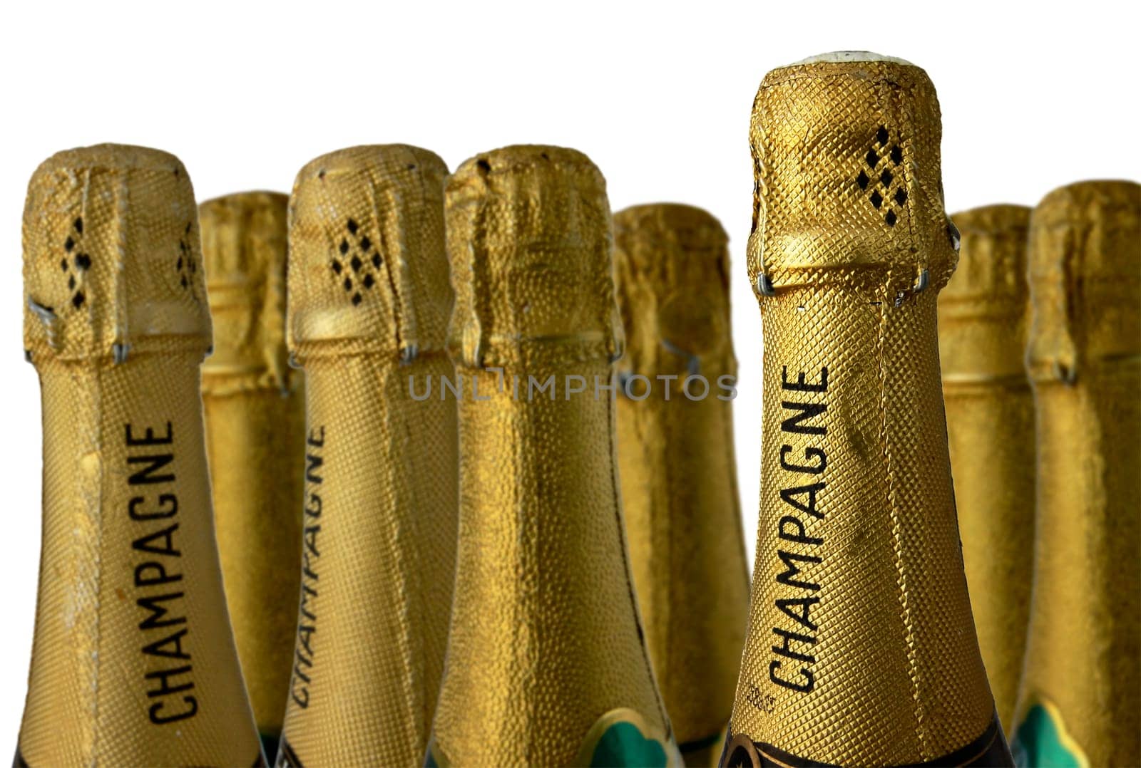 CHAMPAGNE BOTTLES against a white ground  differential focus