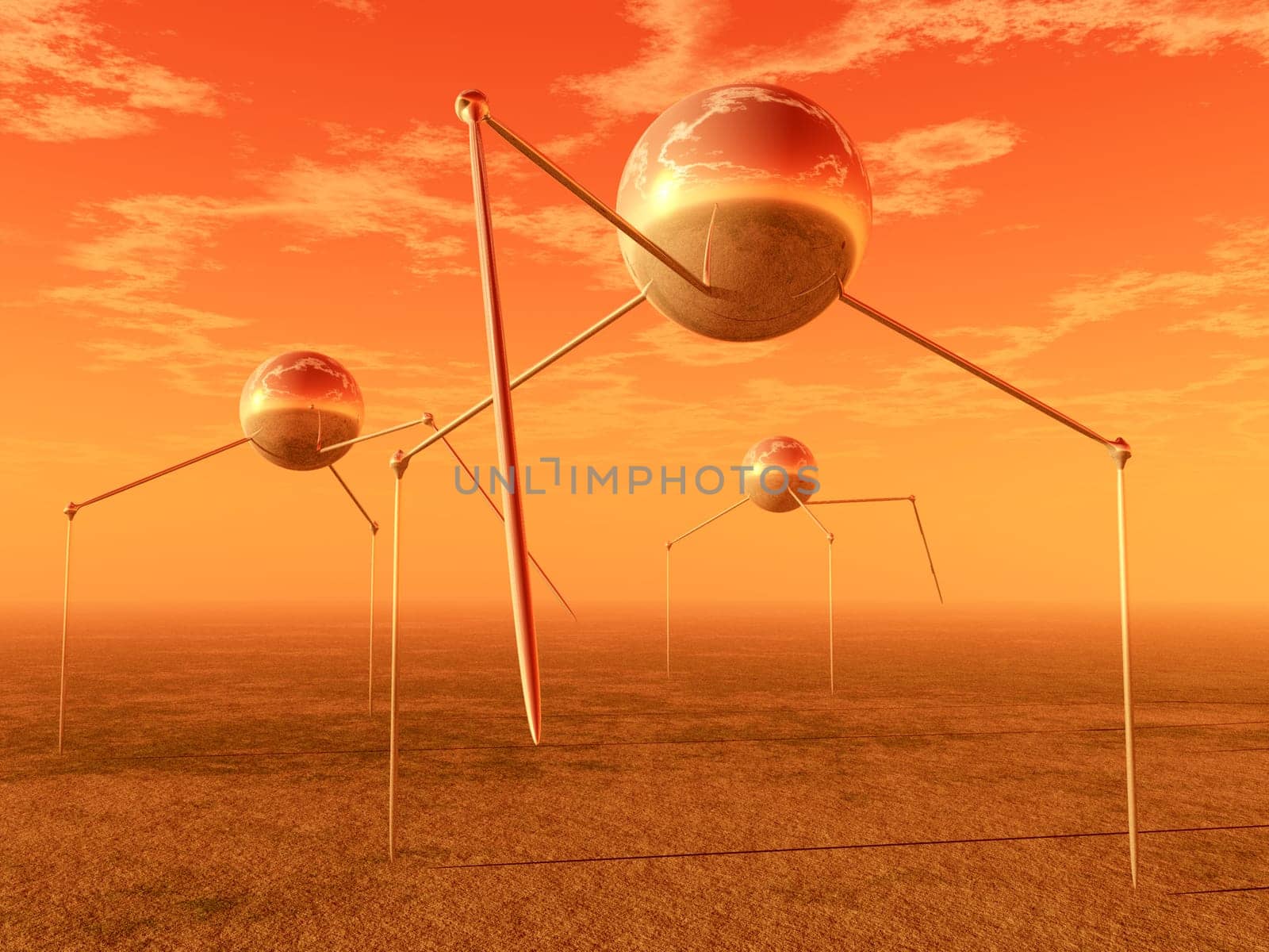 An image of a set of technological alien tripod transportation invasion vehicle's against a sky background.