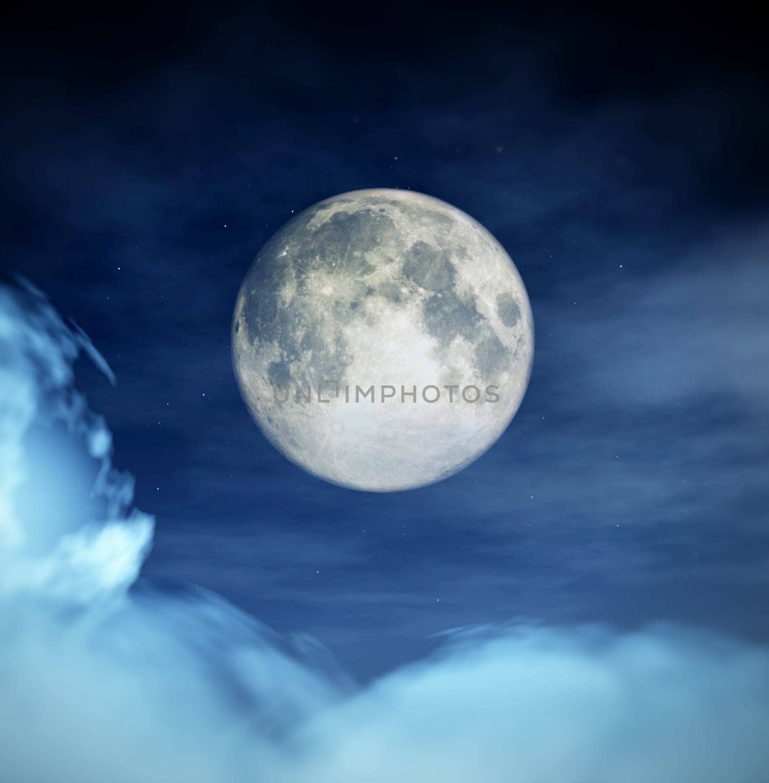 An image of the moon in the cloudy night time sky.