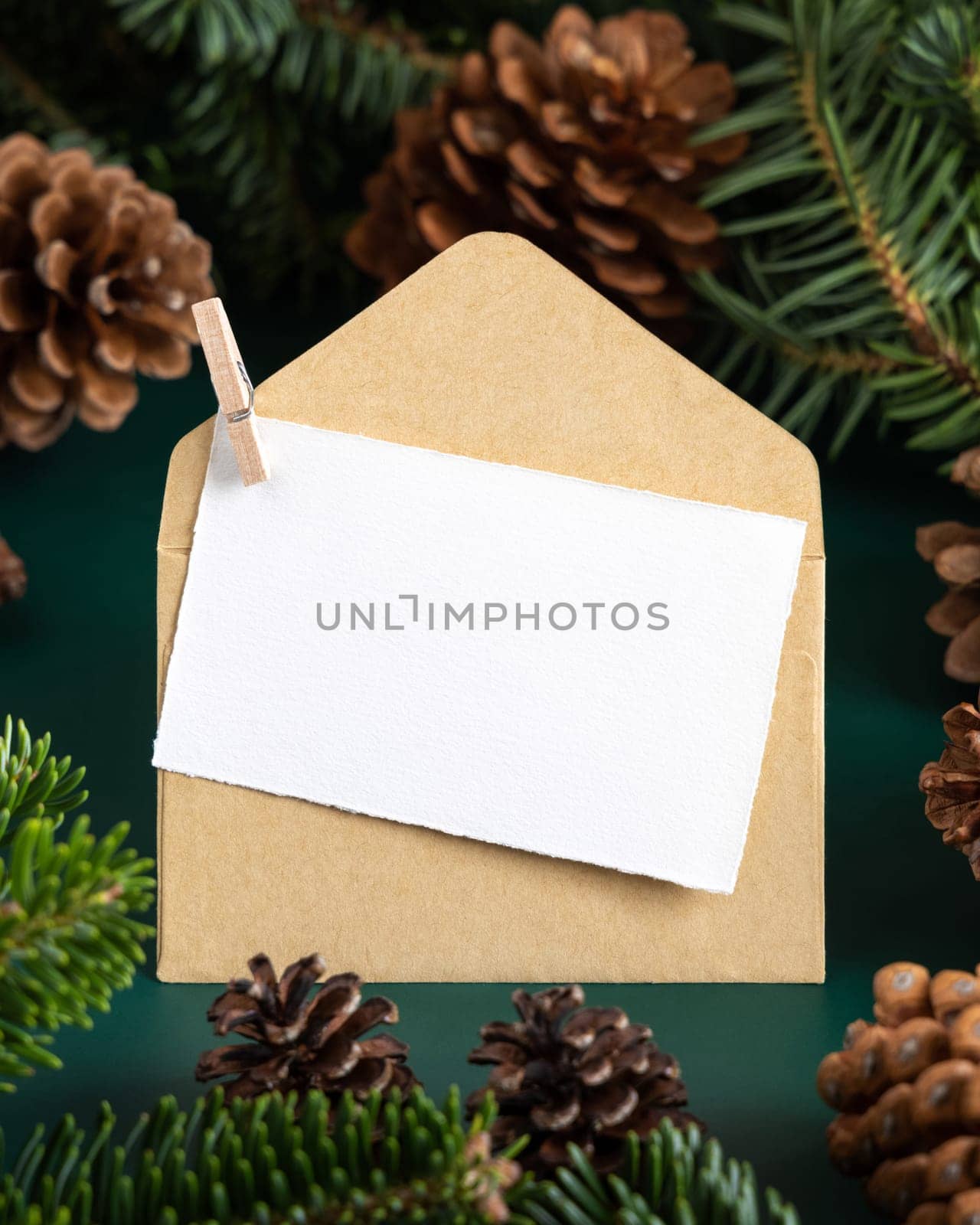 Blank card and envelope between fir branches and pine cones on green close up, mockup. Christmas or New Year greeting card template, Holiday winter composition