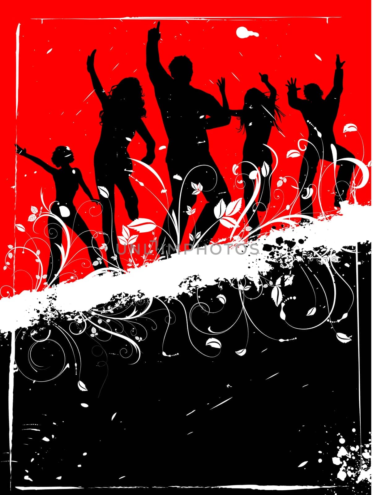 Silhouettes of people dancing on decorative grunge background