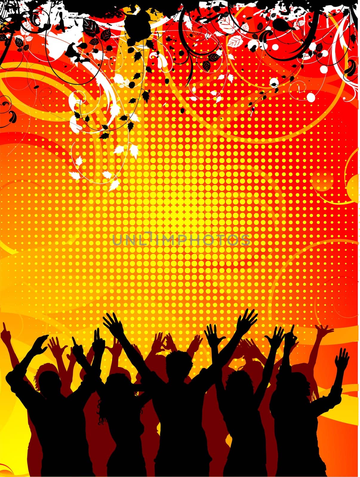 Silhouettes of people dancing on decorative grunge background