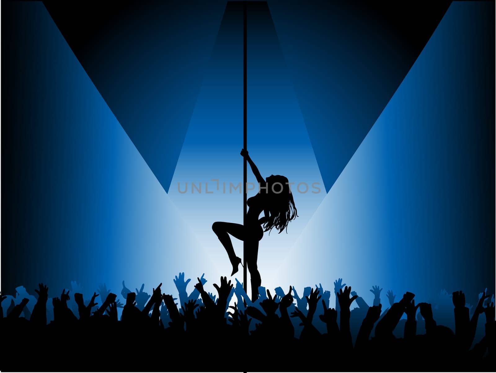 Silhouette of a pole dancer dancing in front of a crowd