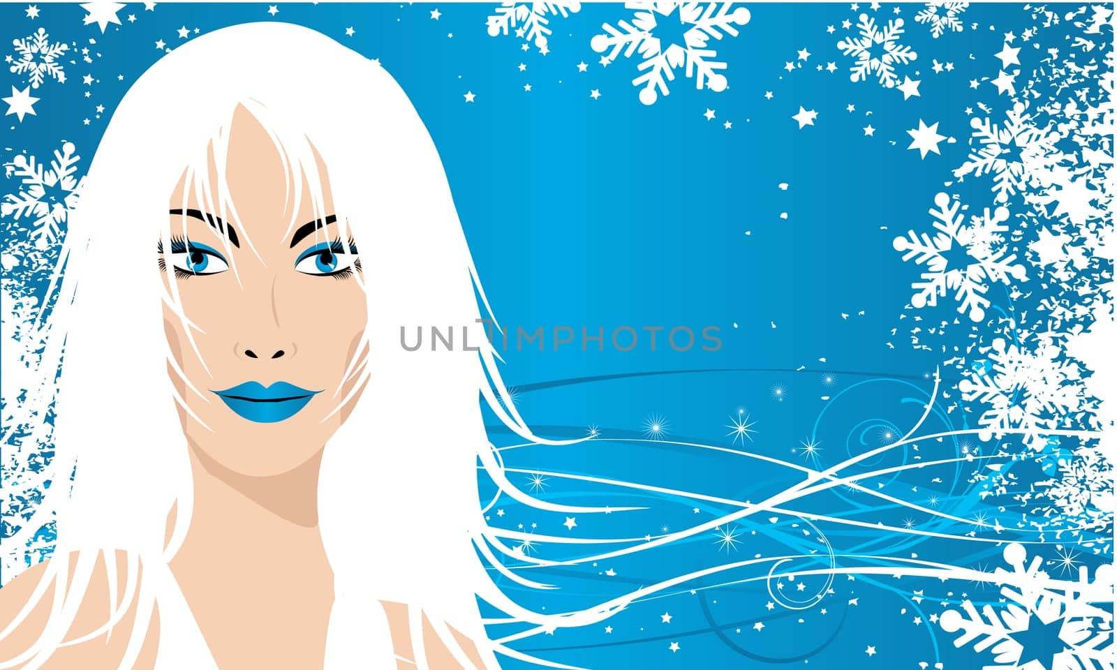Stylised illustration of a females face on a wintry background