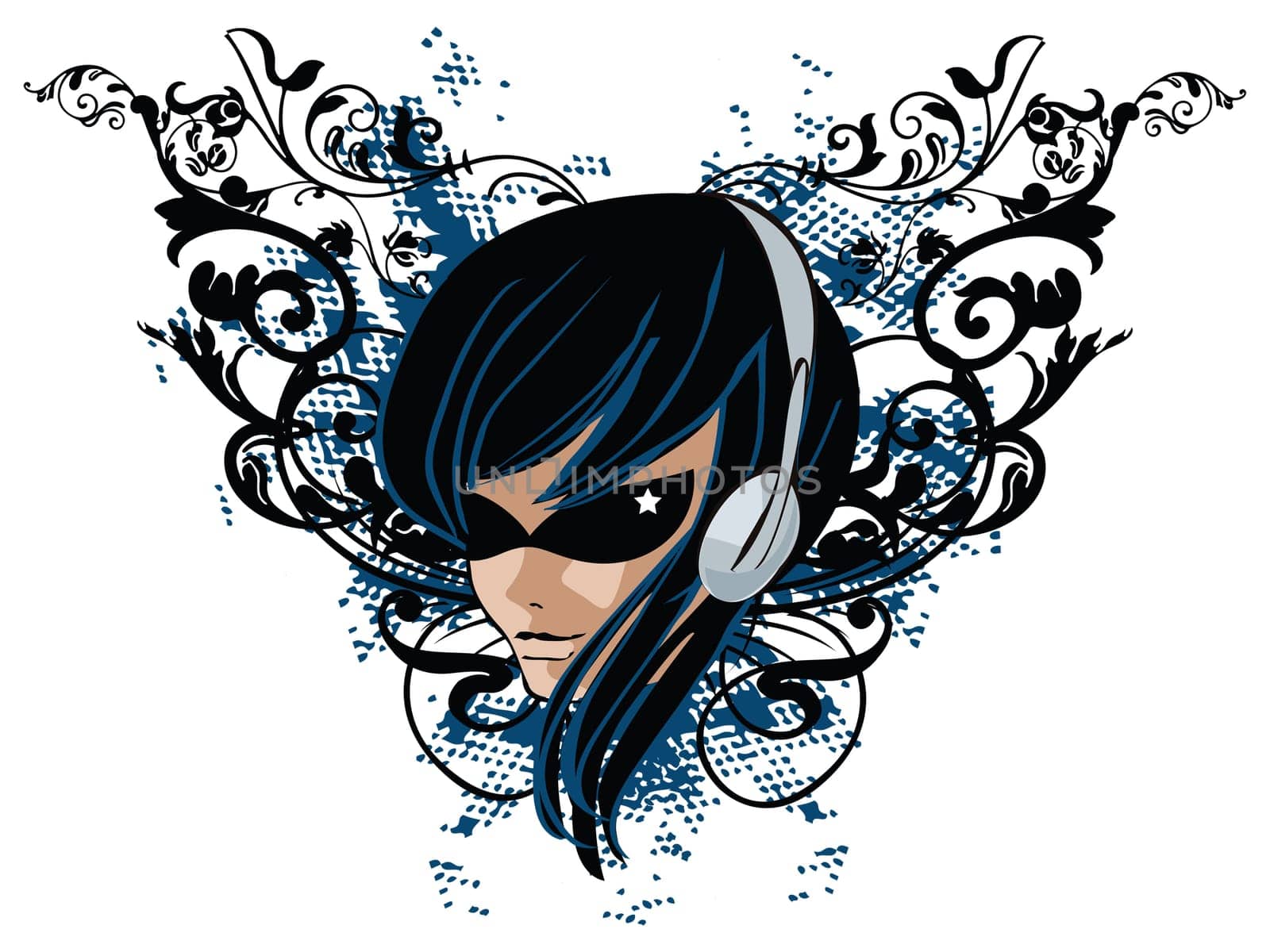 Girl with headphones on grunge floral banner