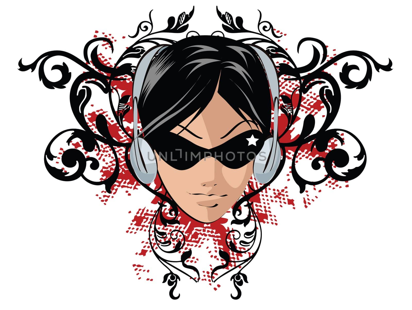 Girl with headphones on grunge floral banner