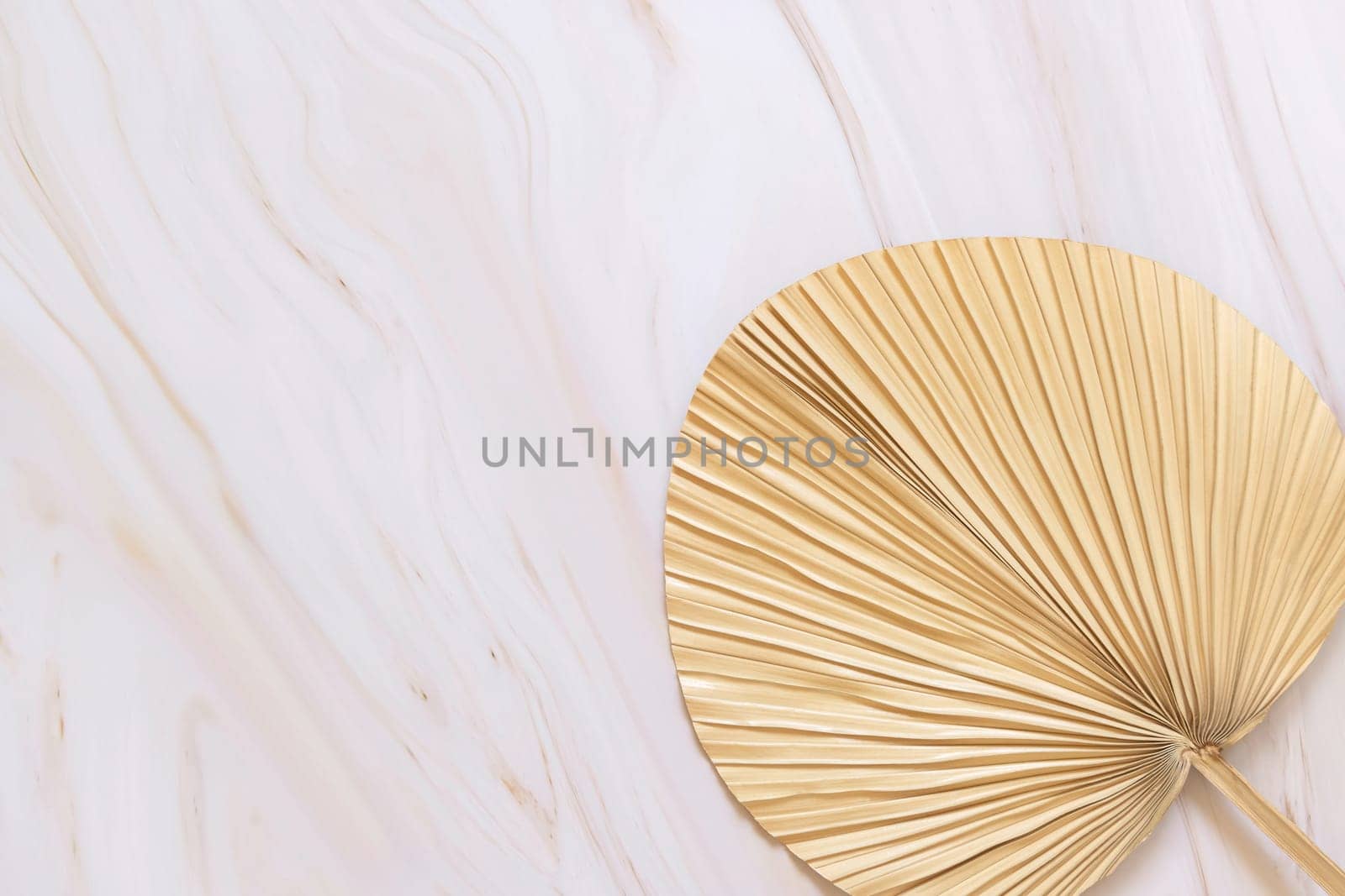 Dry beige palm leaf on marble table top view, natural bohemian bakground. Boho scene, minimal composition.