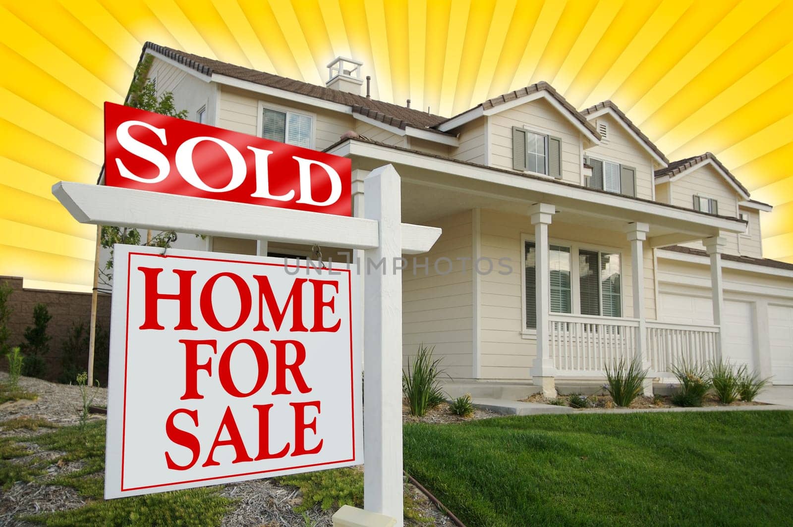 Sold Home For Sale sign & Beautiful New House on Star-burst Yellow Background.