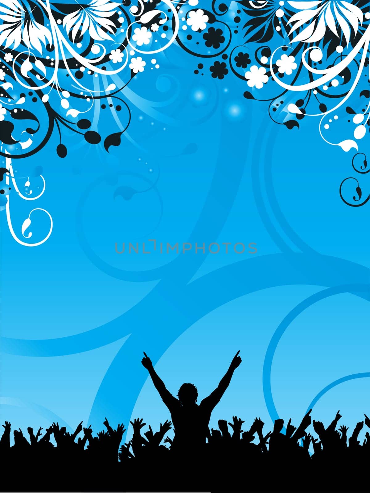 Silhouette of an excited crowd on a floral background