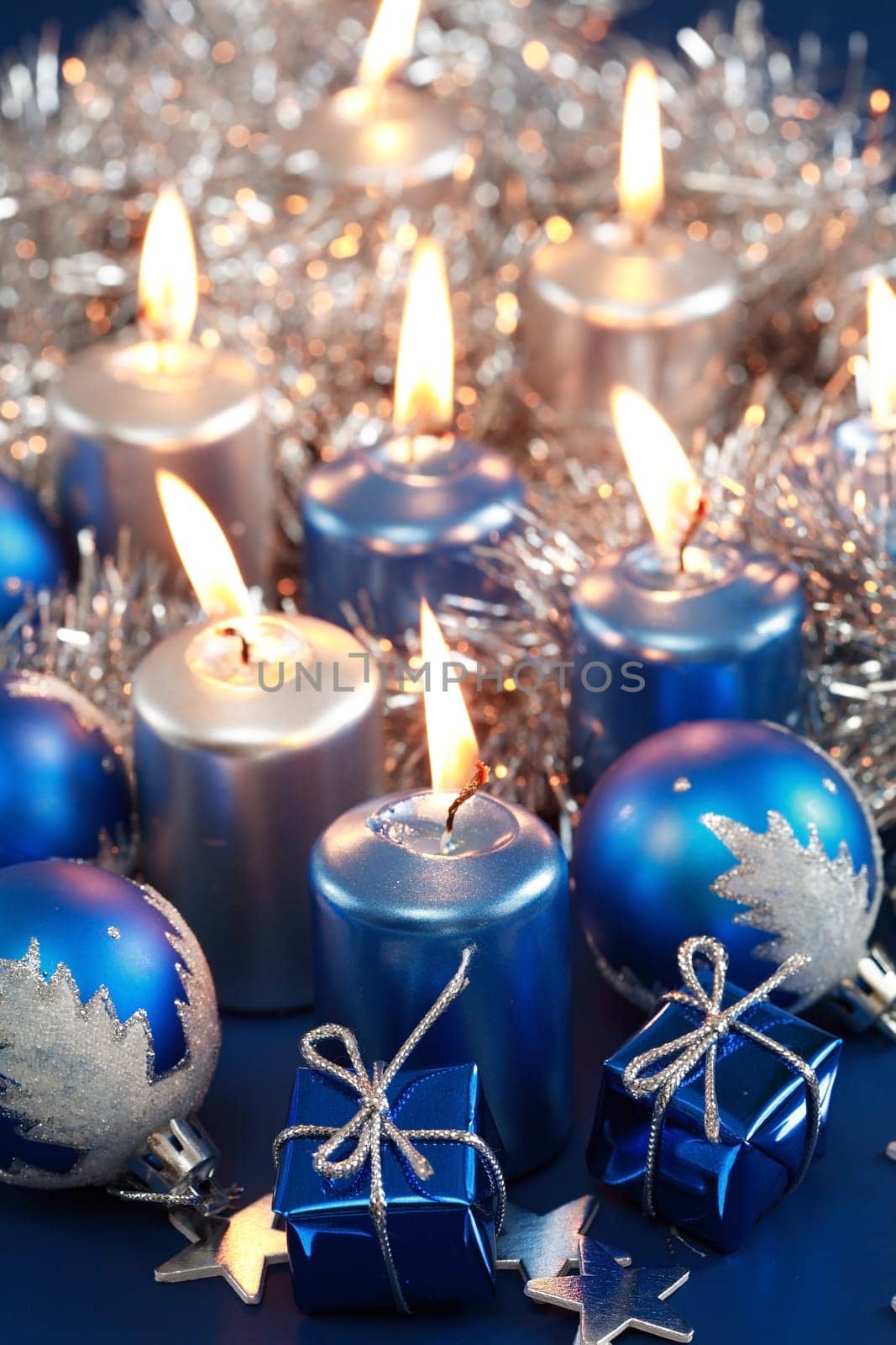 Christmas decoration in blue and silver tones