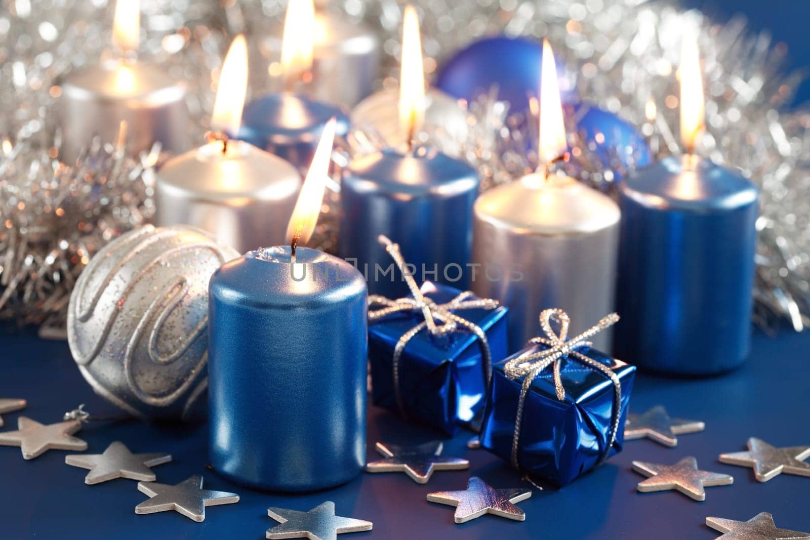 Christmas decoration in blue and silver tones