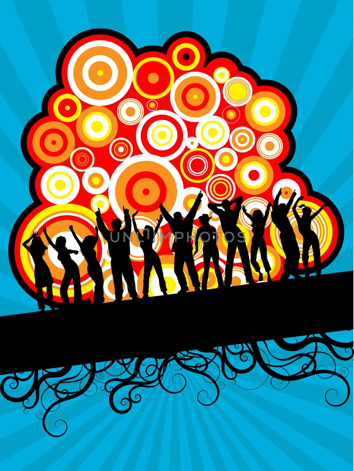 Silhouettes of people dancing on retro styled background