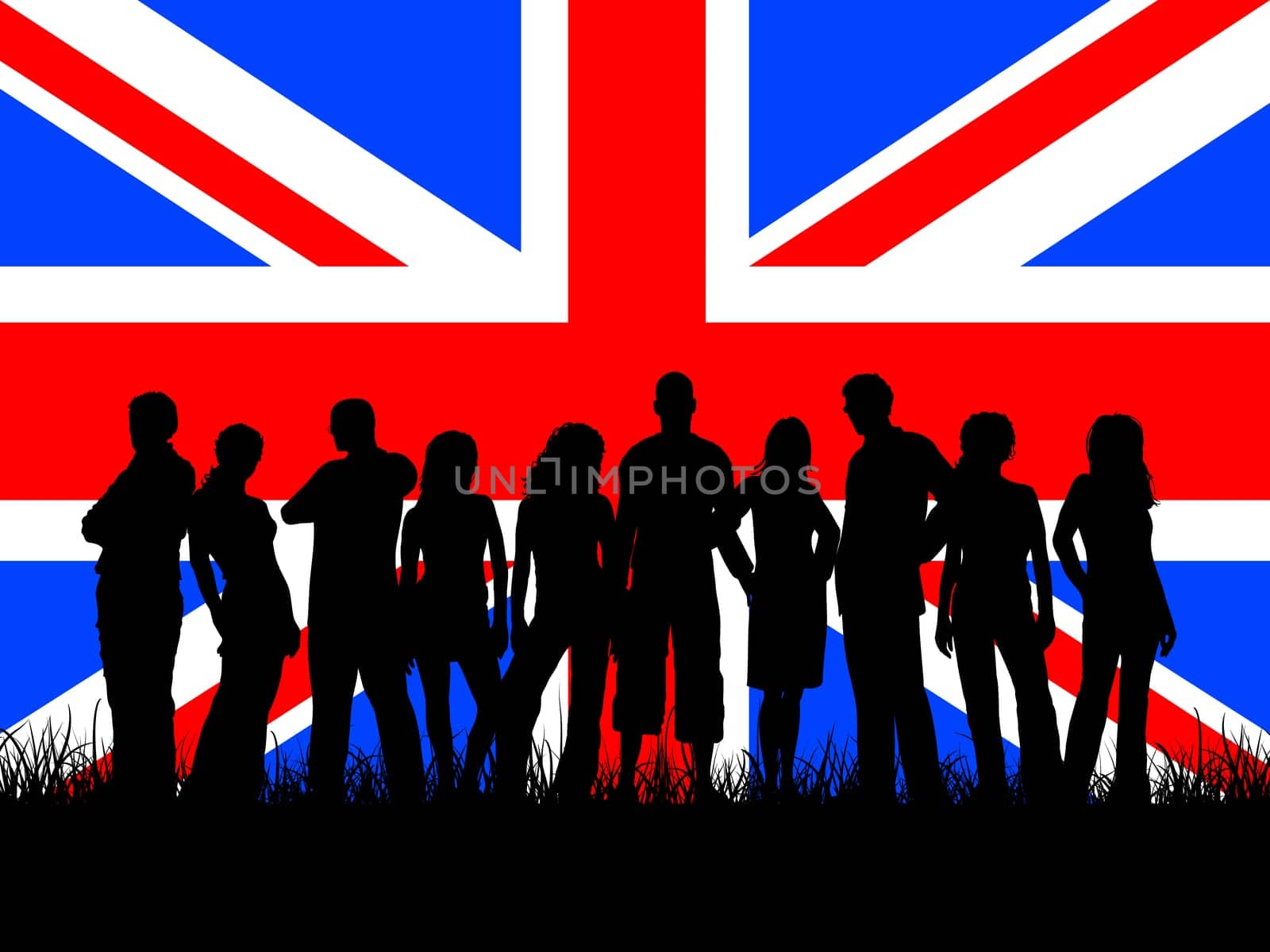 Silhouettes of young people on Union Jack flag background
