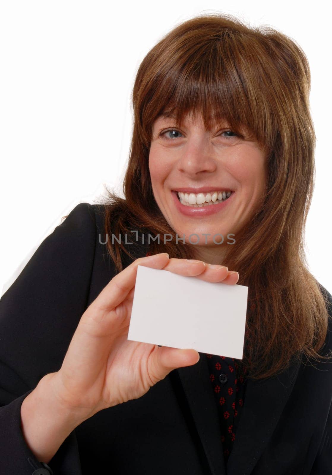 cute woman with blank business card, space for text, isolated on white