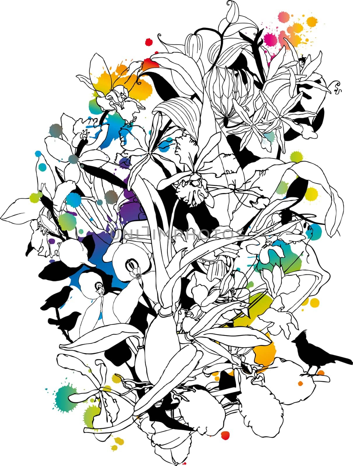 abstract floral background with birds