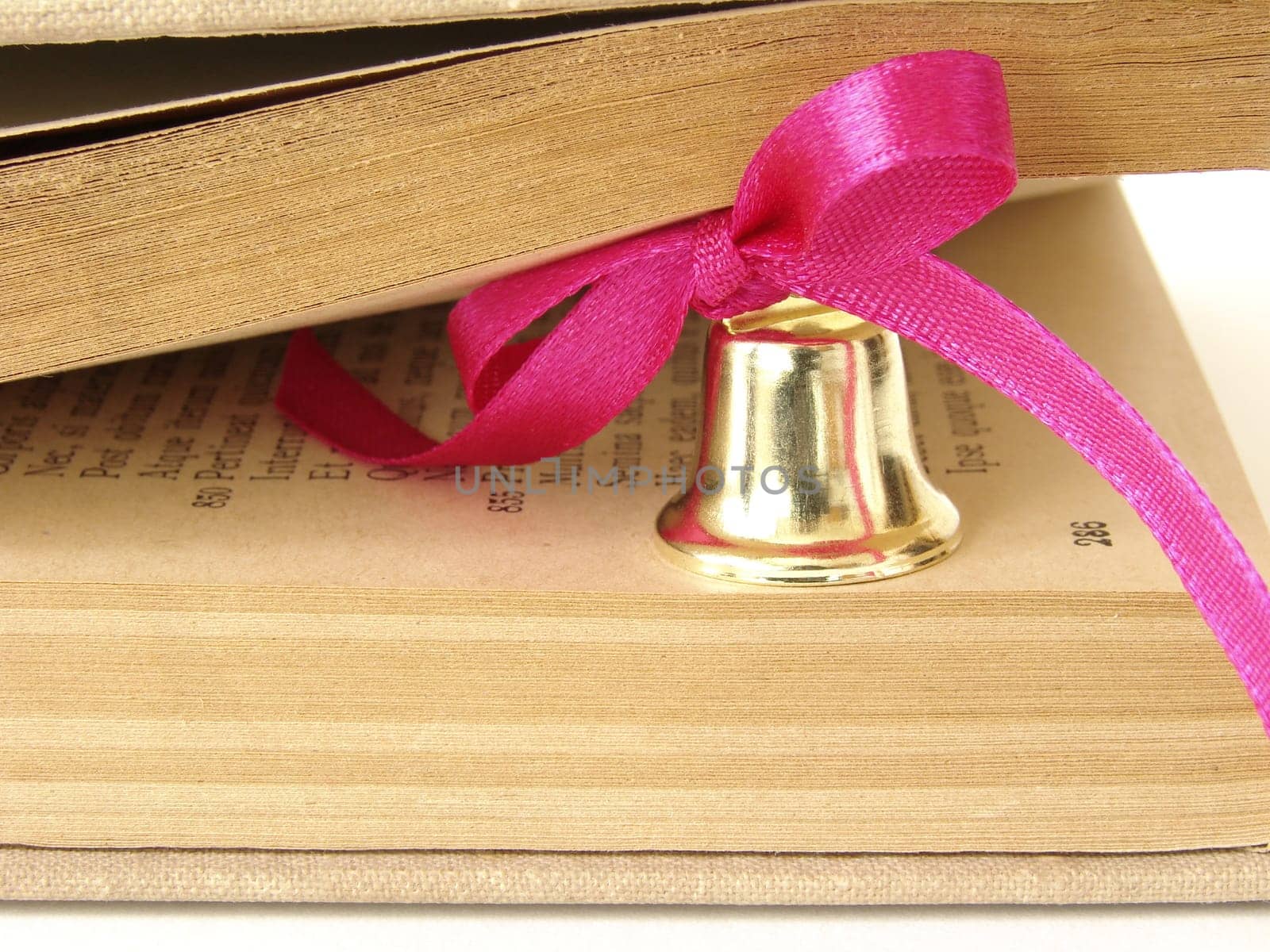 book fragment with little bell with pink bow
