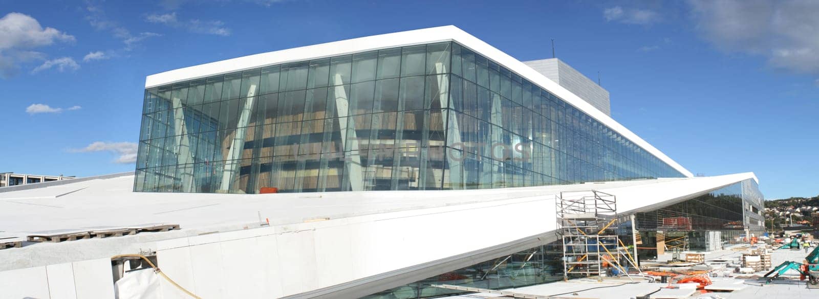 The new Opera House in Oslo, as it nears completion. View from the building site.