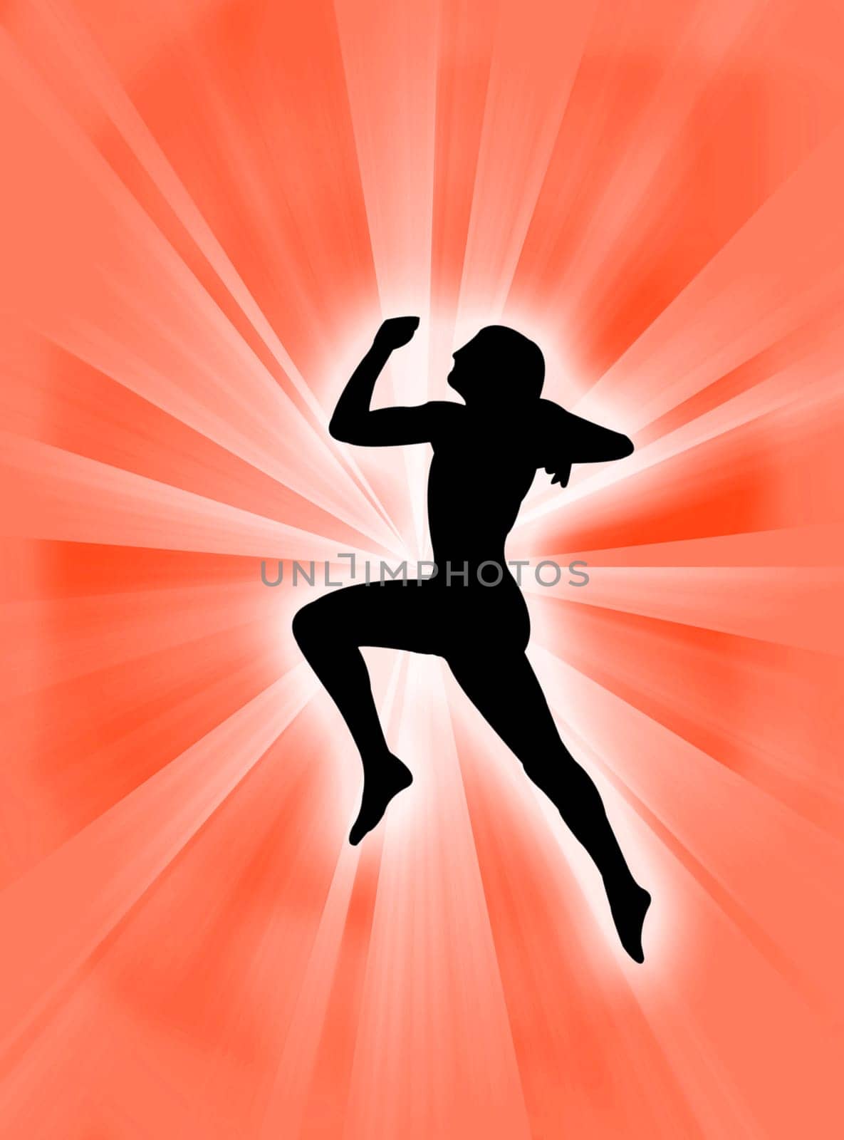 Human body expression jumping against a sun-burst background