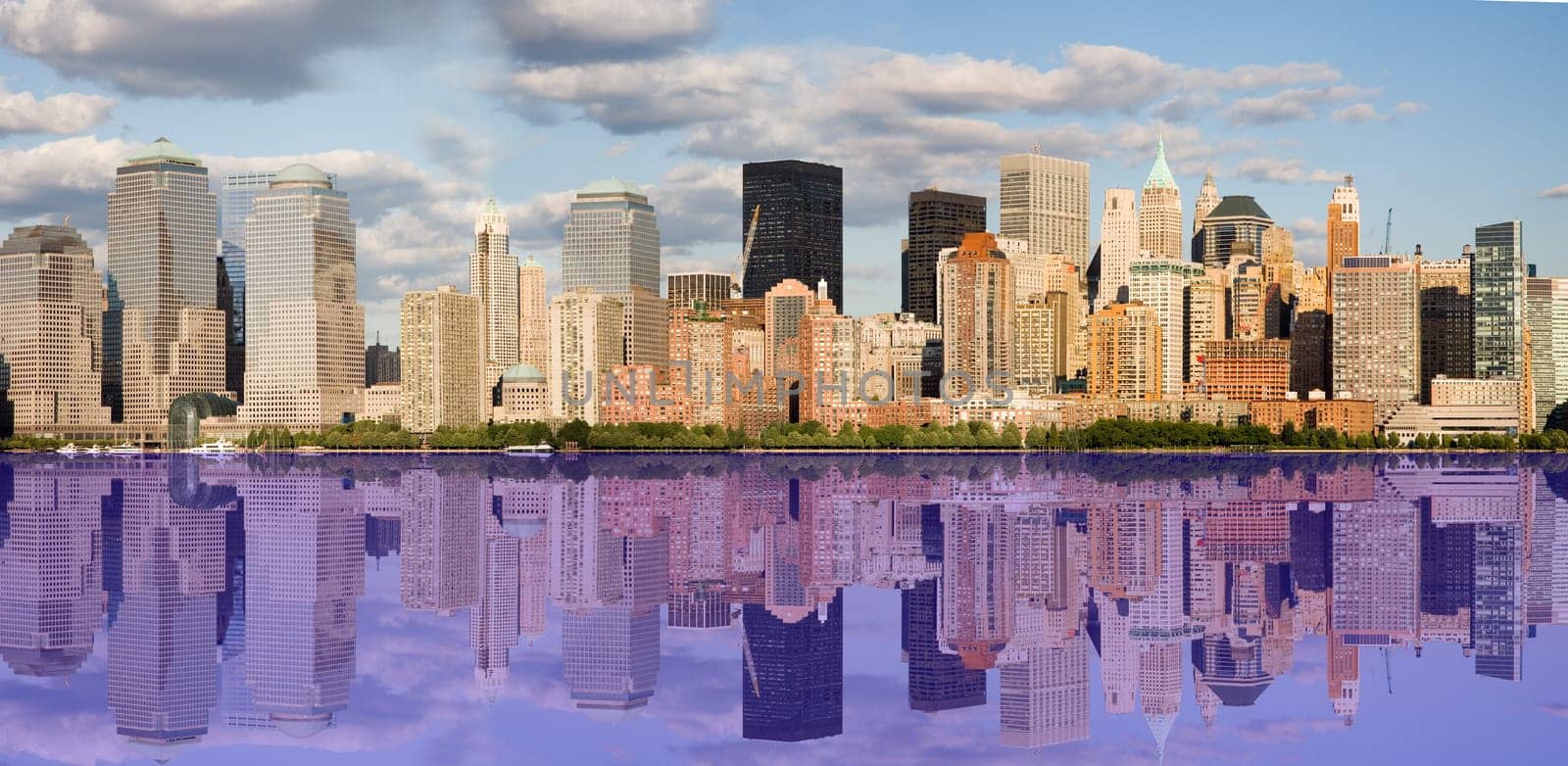 An image of lower Manhattan with a reflection in the Hudson River area.