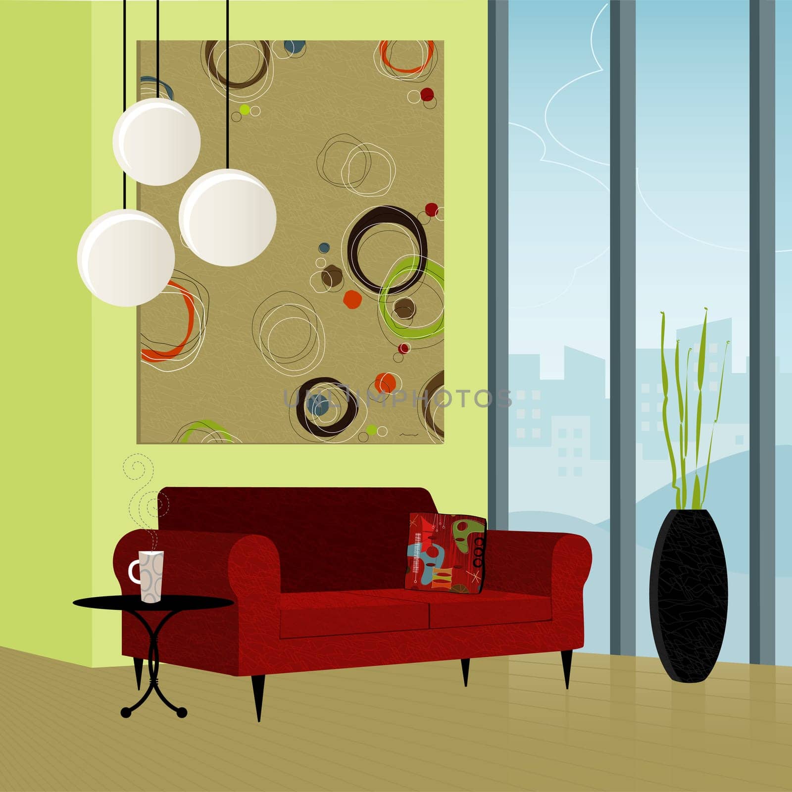 Modern living room  colorful and stylized. Each item is grouped so you can use them independently from the background. Easy-edit layered file.