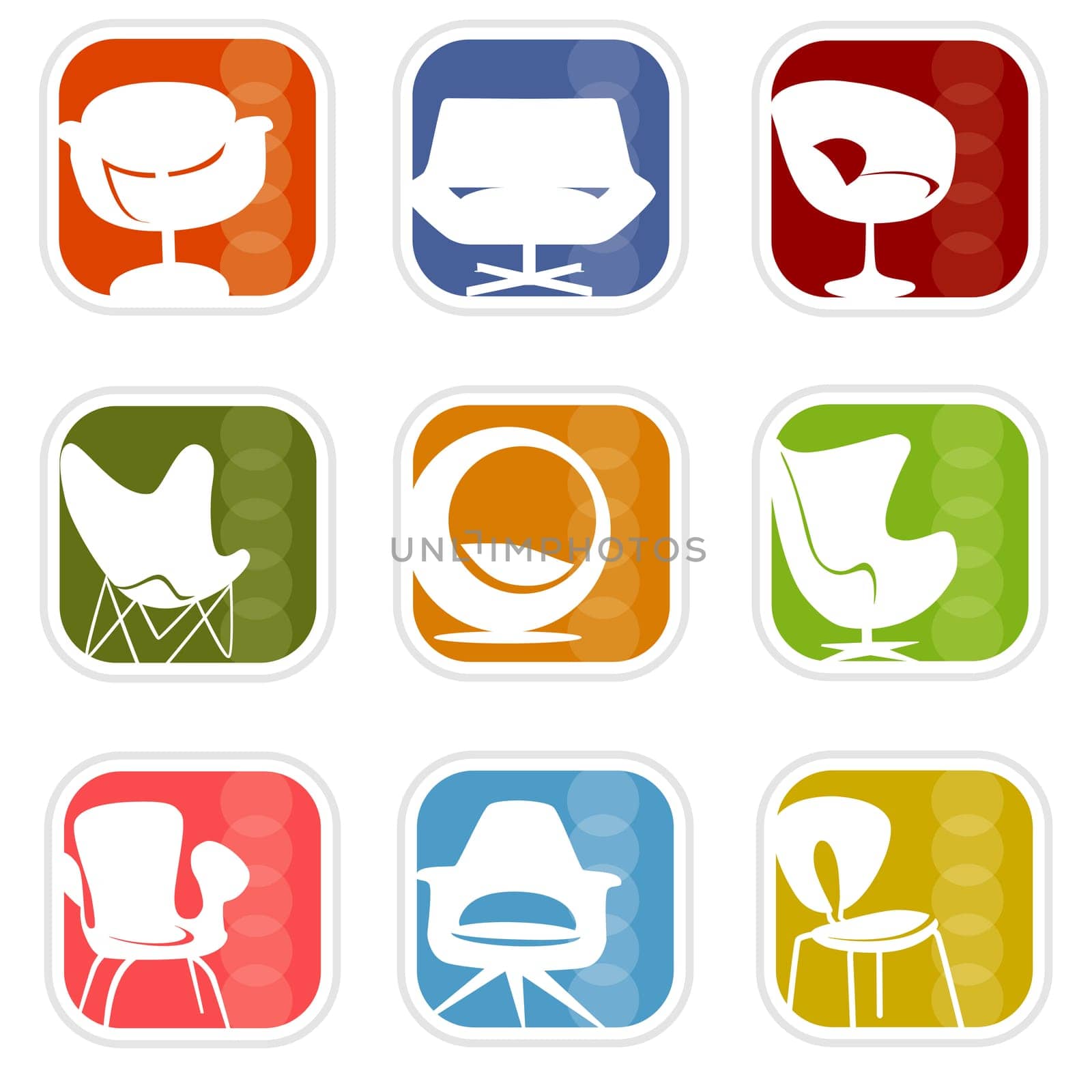 Stylish chair icons with a retro flavorvery mid-century modern  Easy-edit layered vector art. All elements whole so you can move them around.