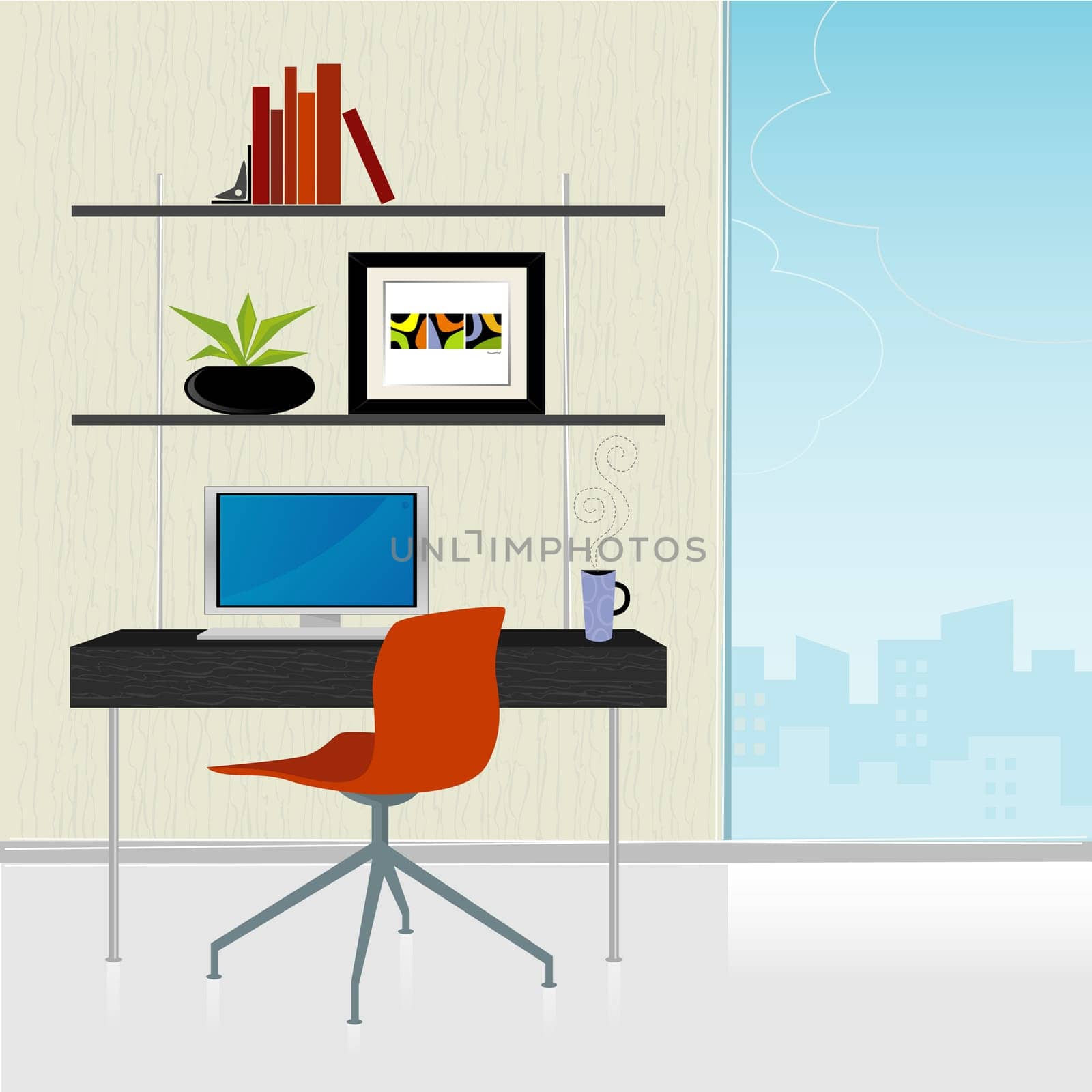 Modern home officered deskchair with desk and city view  colorful, stylized. Elements grouped so you can use them independently from background. Easy-edit layered file.