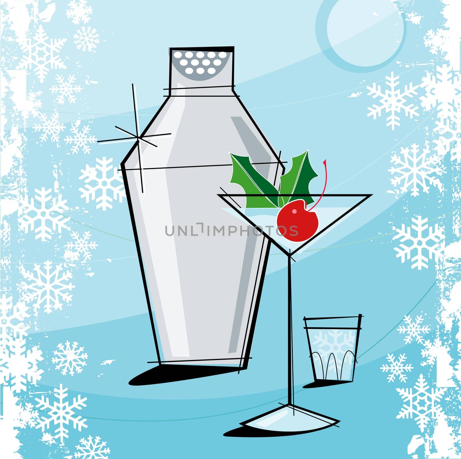 Retro-stylized Holiday Martini with grunge snowflake frame. Each item is grouped so you can use them independently from the background. Layered file for easy edit