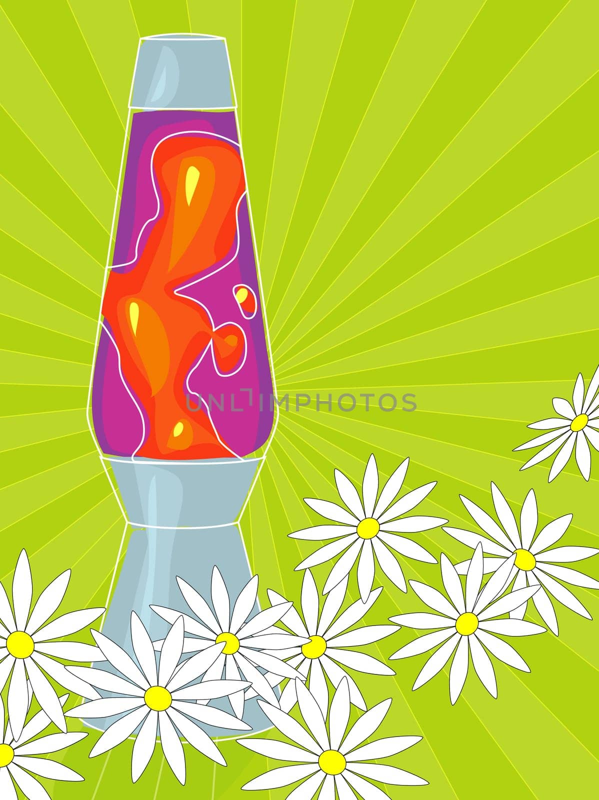 Retro-stylized lamp with white daisies on a radiating line background. Each item is whole and grouped so you can use them independently from the background. Layered file for easy edit.