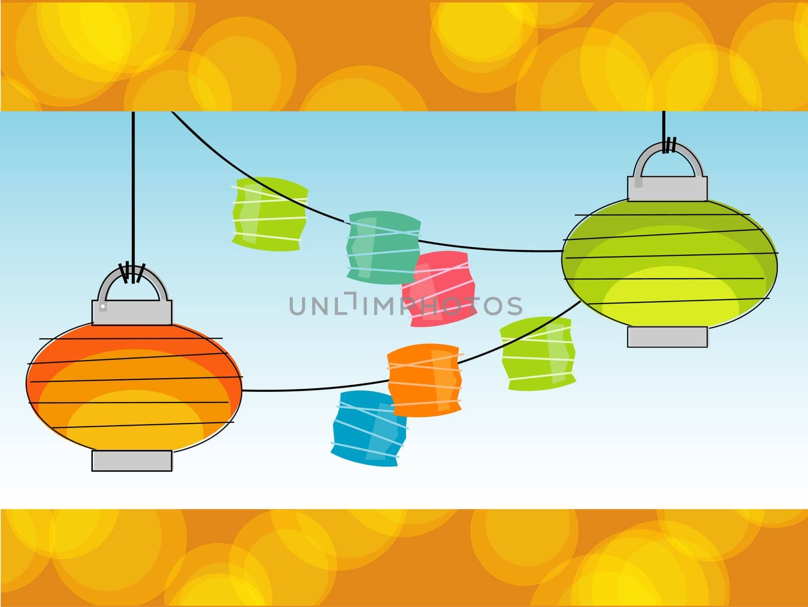 Retro Summer Paper lanterns and Party Lights with a cool background.     Also available as a vector with objects grouped so you can use them independently from background. Layered file for easy edit.