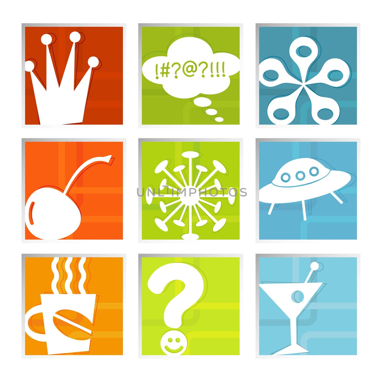 Retro-stylized colorful set of fun icons in beveled frame  symbols kept whole so you can move them around, Easy-edit layered file