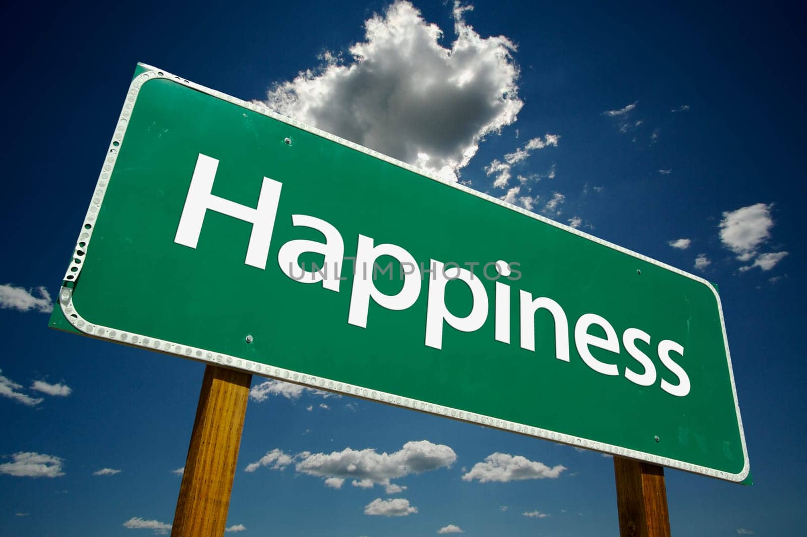 Happiness Road Sign and dramatic clouds and sky.