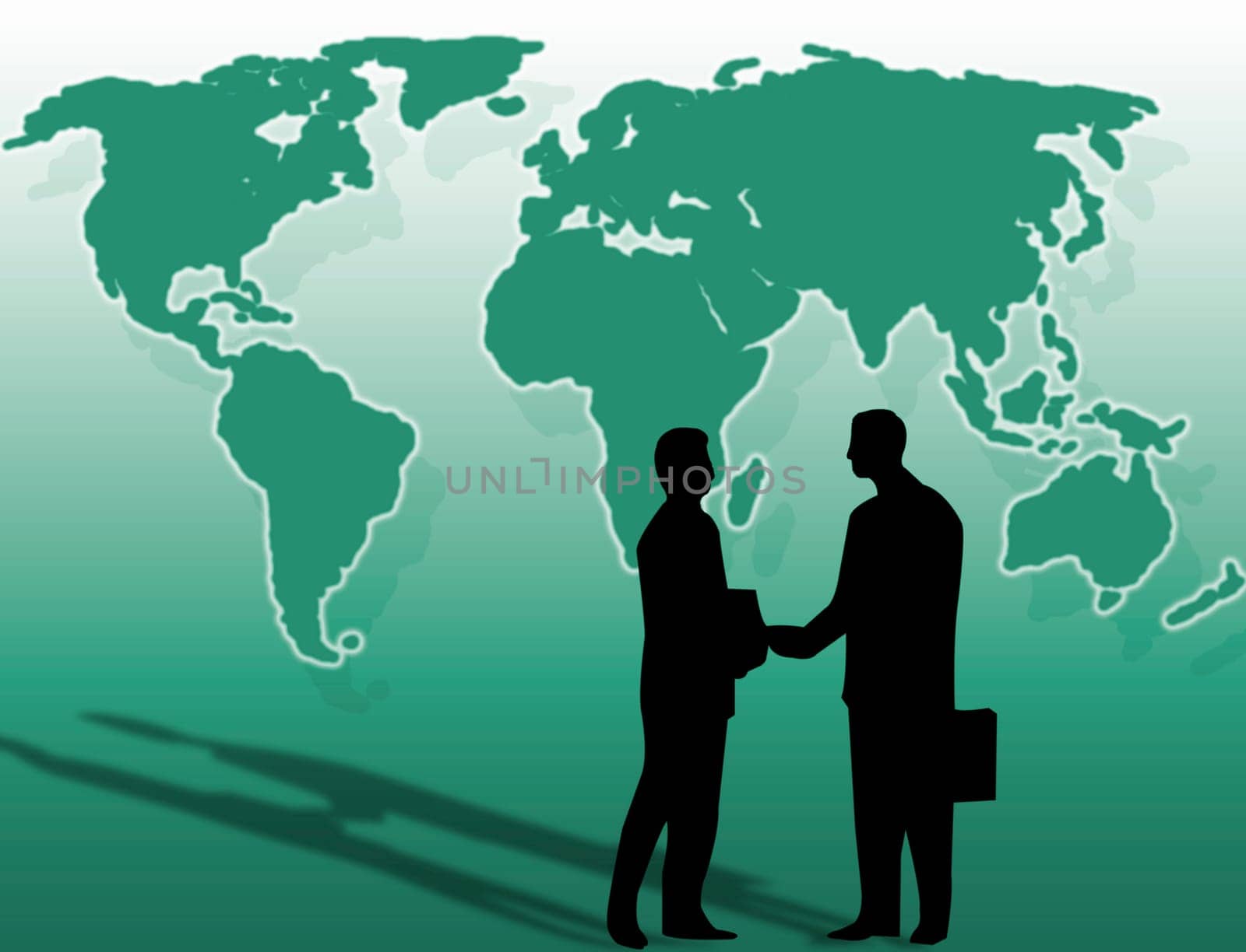 Two businessmen and a handshake in front of the world