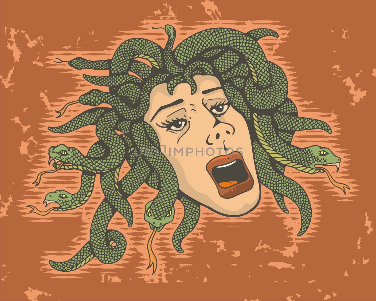 Head of Medusa, a Greek mythology gorgon killed by Perseus.  The vector version is a fully editable EPS 8 file, compressed in a zip file. No gradients or transparencies. Can be scaled to any size without loss of quality.
