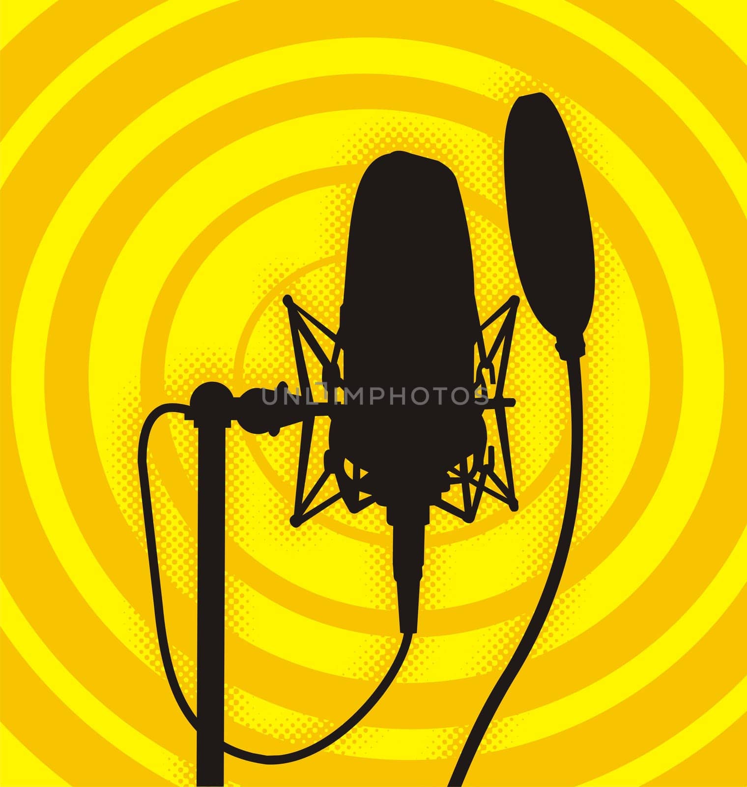Silhouette of a studio microphone on deep yellow background.  The vector version is a fully editable EPS 8 file, compressed in a zip file. No gradients or transparencies. Can be scaled to any size without loss of quality.